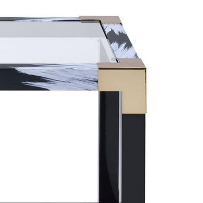 34 Inch Glass Top Rectangular Metal End Table, Black