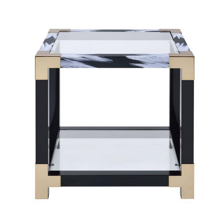 34 Inch Glass Top Rectangular Metal End Table, Black