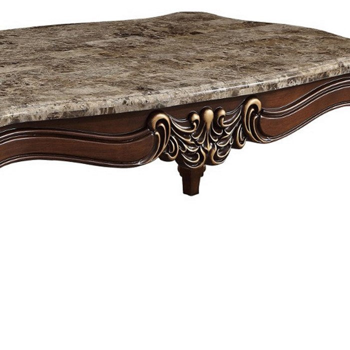 Traditional Style Rectangular Wood and Marble Coffee Table, Brown