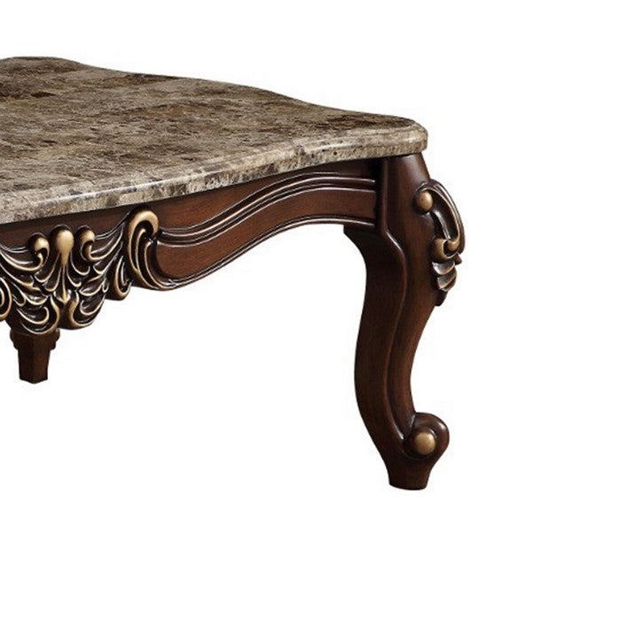 Traditional Style Rectangular Wood and Marble Coffee Table, Brown