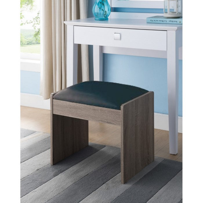 Contemporary Wooden Stool with Leatherette Upholstered Seat, Black and Brown