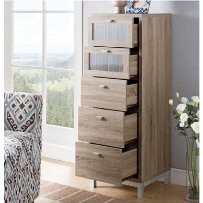 Five Drawers Wooden Utility Cabinet with Metal Handles, Light Brown and Silver