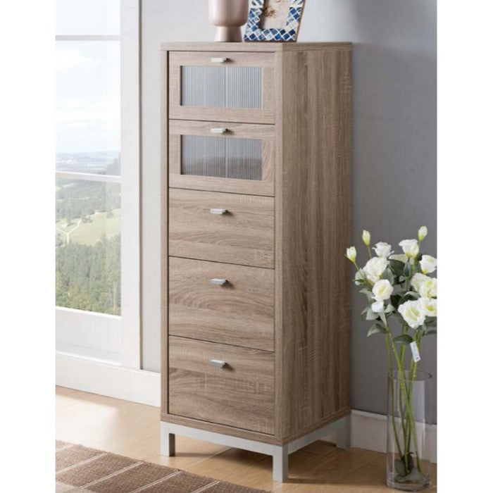 Five Drawers Wooden Utility Cabinet with Metal Handles, Light Brown and Silver