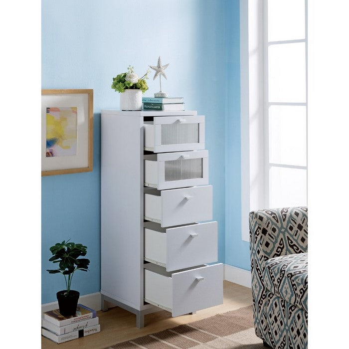 Wooden Five Drawers Utility Cabinet with Metal Handles and Base, White