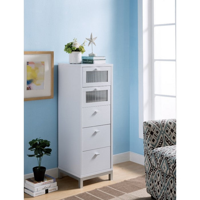 Wooden Five Drawers Utility Cabinet with Metal Handles and Base, White