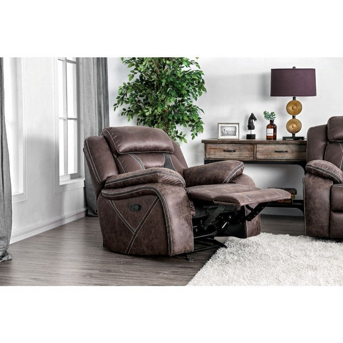 Fabric Upholstered Wooden Recliner Chair with Split Back and Contoured Seats, Brown