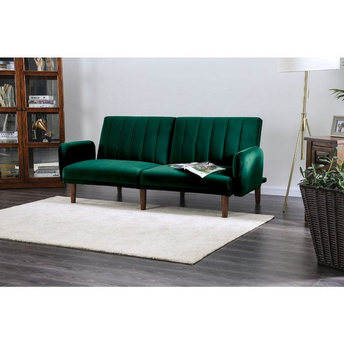 Modern Style Vertically Tufted Flannelette Upholstered Futon Sofa with Tapered Wooden Leg, Green