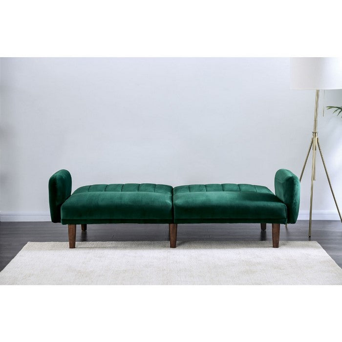 Modern Style Vertically Tufted Flannelette Upholstered Futon Sofa with Tapered Wooden Leg, Green