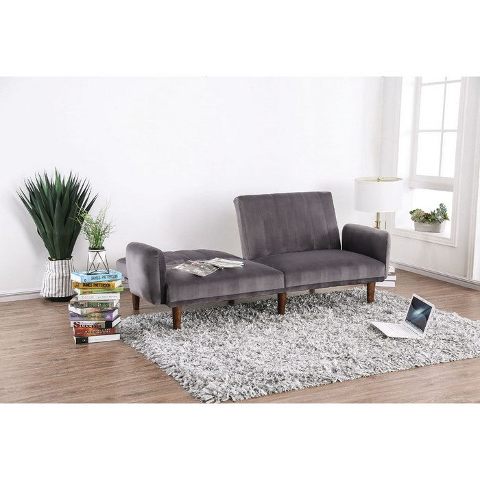Modern Style Vertically Tufted Flannelette Upholstered Futon Sofa with Tapered Wooden Leg, Gray