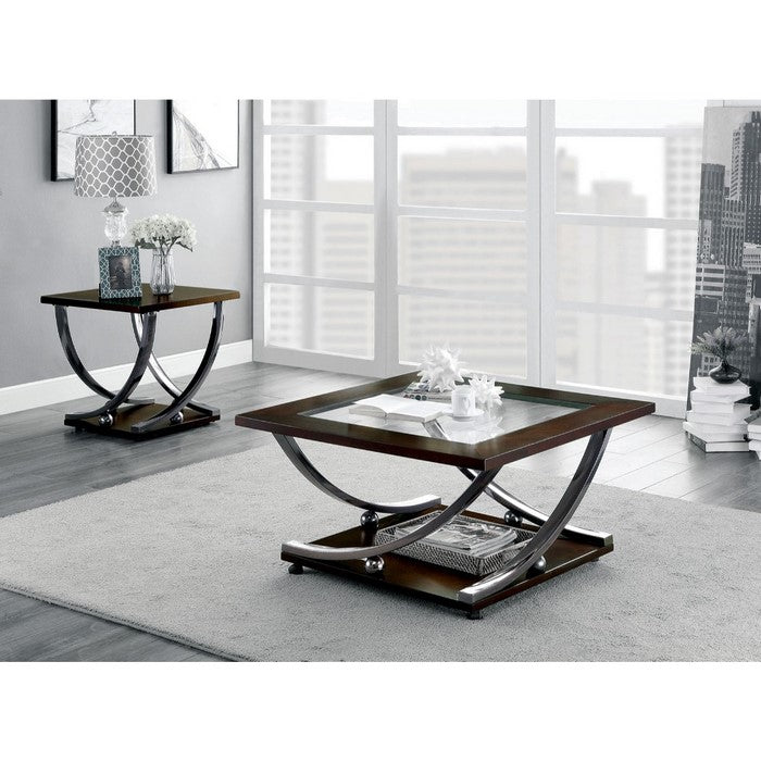 Wooden Coffee Table with Glass Top and Curled Metal Feet, Brown and Silver