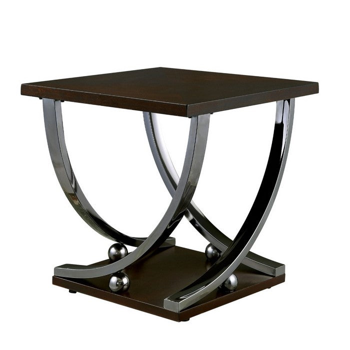 Contemporary Style Wooden End Table with Curled Metal Feet, Brown and Silver