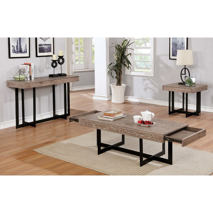 Industrial Style Solid Wood Sofa Table with Two Drawers and Metal Base, Brown and Black