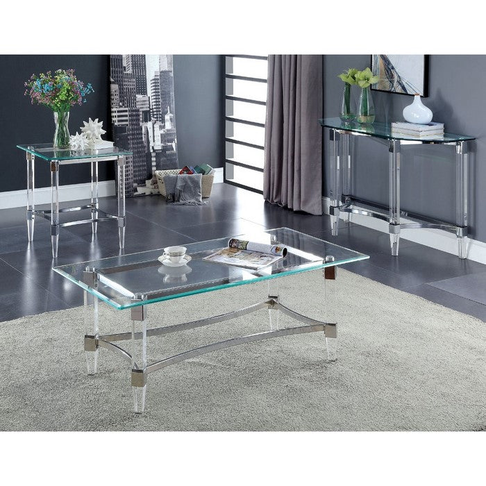 Contemporary Style Glass Top Square End Table with Acrylic Legs, Silver and Clear