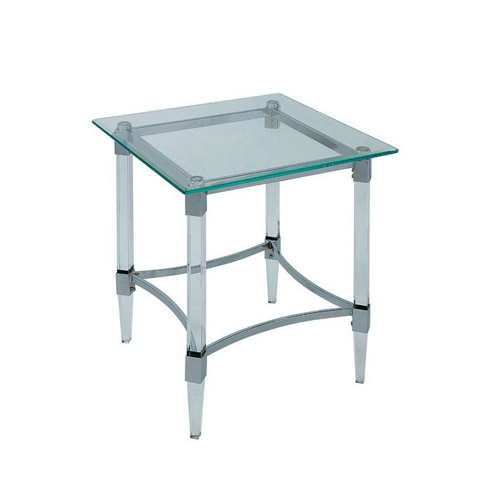 Contemporary Style Glass Top Square End Table with Acrylic Legs, Silver and Clear