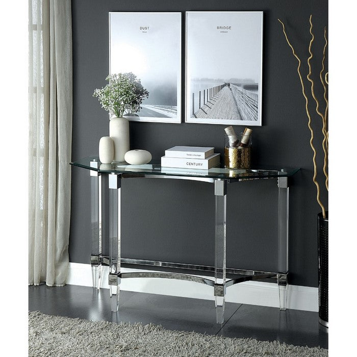 Contemporary Style Glass Top Sofa Table with Acrylic Legs, Silver and Clear