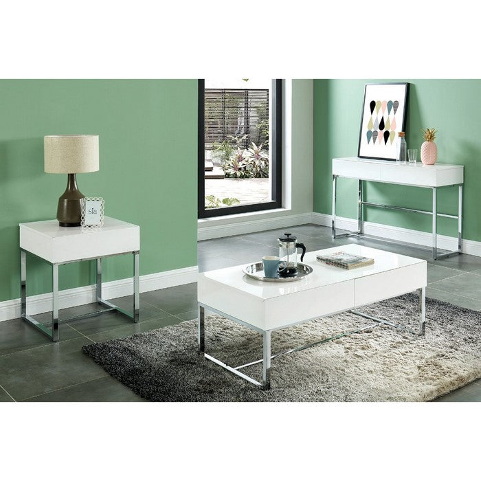 Contemporary Rectangular Coffee Table with Two Drawers and Metal Base, White and Silver