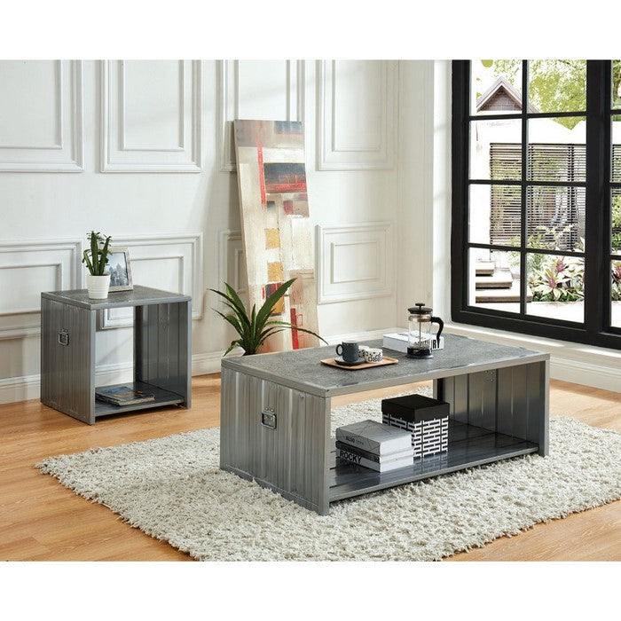 Wooden Box Shape End Table with Open Bottom Shelf and Metal Handles, Silver