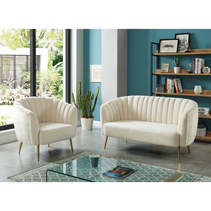Flannelette Upholstered Shell Tufting Accent Chair with Metal Legs, Gold and Ivory
