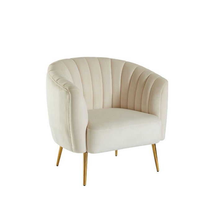 Flannelette Upholstered Shell Tufting Accent Chair with Metal Legs, Gold and Ivory