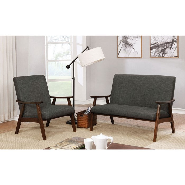 Fabric Upholstery Accent Chair with Wooden Curved Arms and Slanted Feet, Dark Gray and Brown