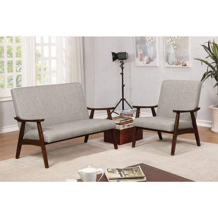 Fabric Upholstered Accent Chair with Wooden Curved Arms and Slanted Feet, Light Gray and Brown