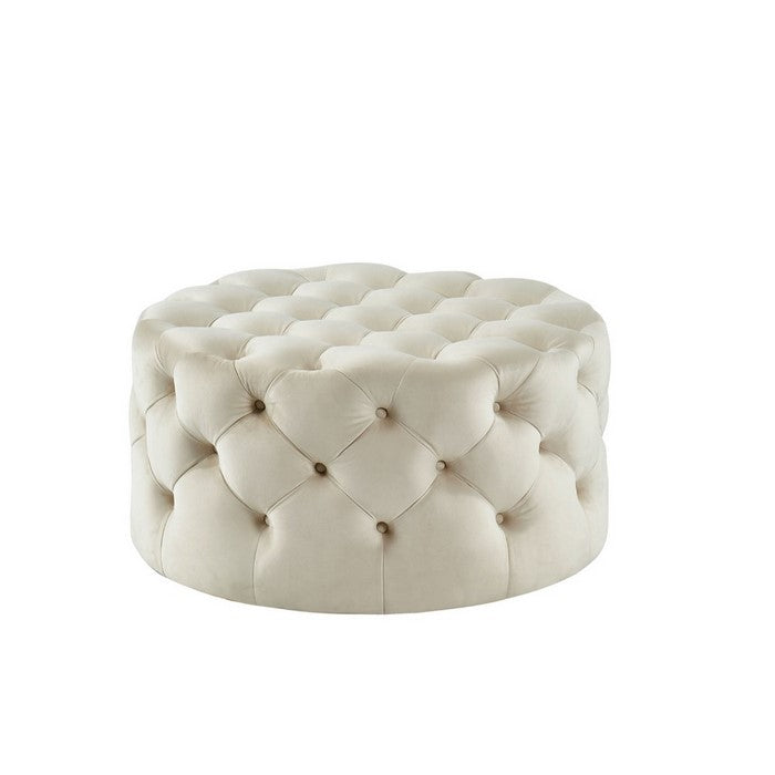 Traditional Style Flannelette Upholstered Button Tufted Wooden Ottoman, Beige