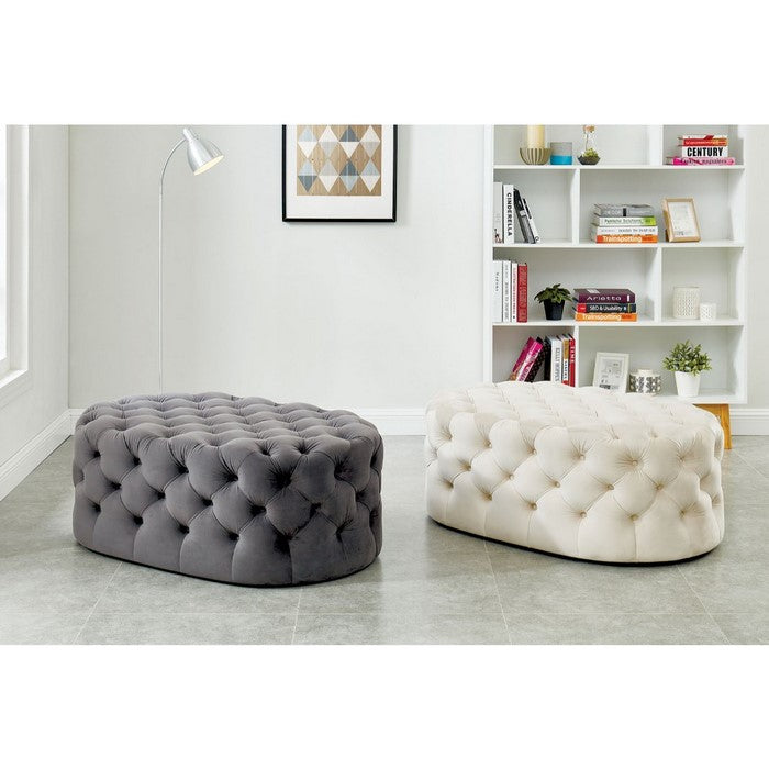 Traditional Style Flannelette Upholstered Oval Button Tufted Wooden Ottoman, Beige