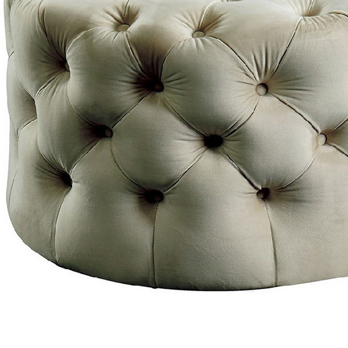 Traditional Style Flannelette Upholstered Oval Button Tufted Wooden Ottoman, Beige