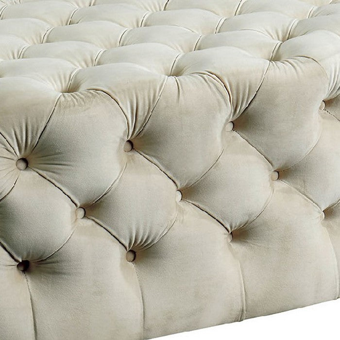 Traditional Style Flannelette Upholstered Oval Button Tufted Wooden Ottoman, Beige