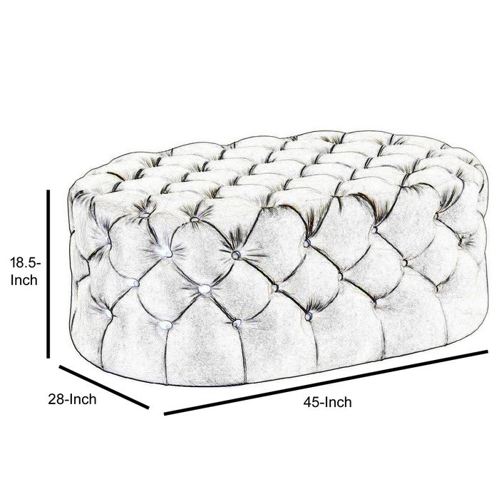 Traditional Style Flannelette Upholstered Oval Button Tufted Wooden Ottoman, Beige