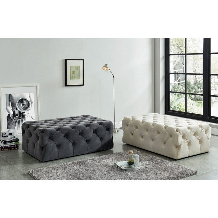 Traditional Flannelette Upholstered Rectangular Button Tufted Wooden Ottoman, Beige