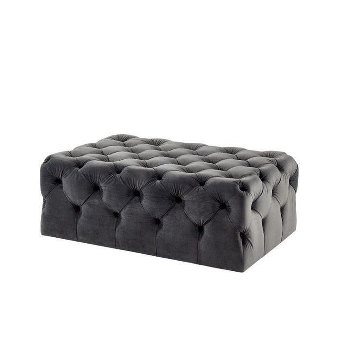 Traditional Flannelette Upholstered Rectangular Button Tufted Wooden Ottoman, Gray