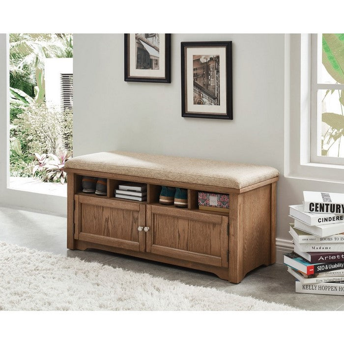 Spacious Wooden Shoe Bench with Linen Upholstered Cushioned Seat, Beige and Brown