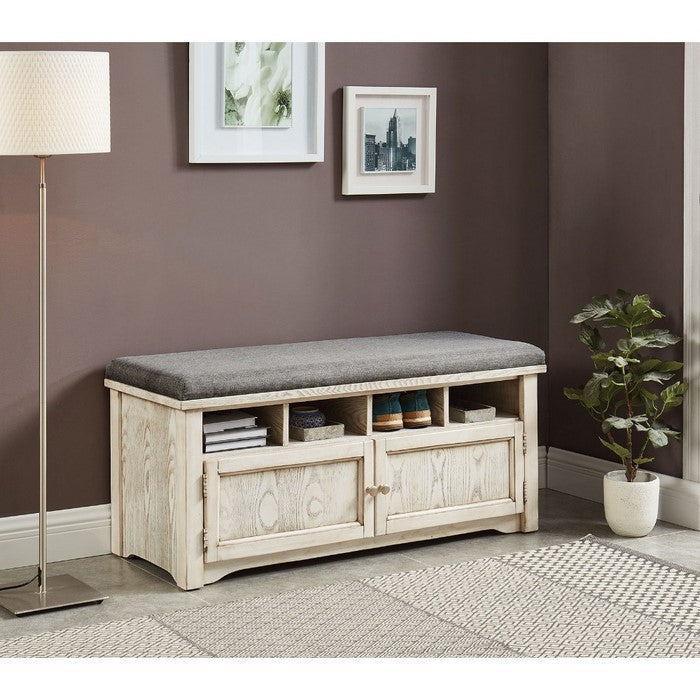 Spacious Wooden Shoe Bench with Linen Upholstered Cushioned Seat, White and Gray