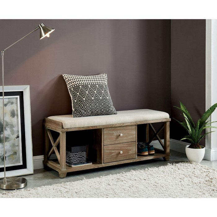 Spacious Wooden Shoe Bench with Linen Upholstered Cushioned Seat, Antique white & Grey