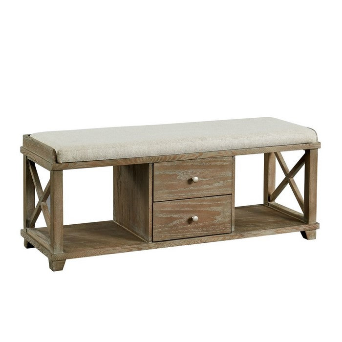 Spacious Wooden Shoe Bench with Linen Upholstered Cushioned Seat, Antique white & Grey