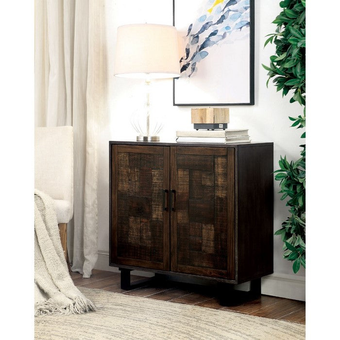 Textured Double Door Wooden Hallway Cabinet with Four Shelves, Brown and Black