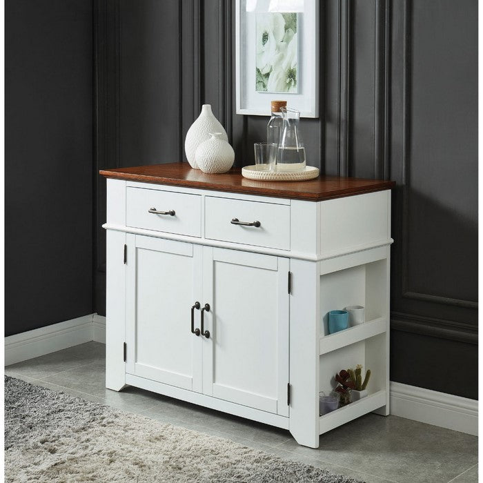Two Tone Wooden Server with Spacious Storage and Side Rack, White and Brown