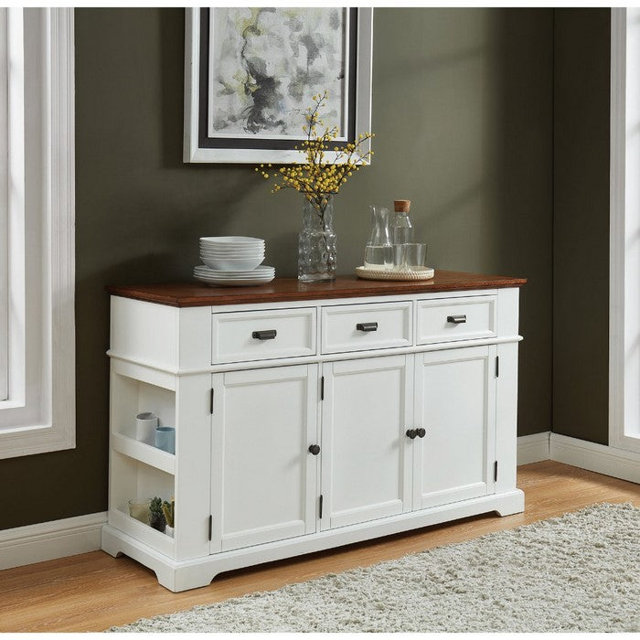 Two Tone Wooden Server with Spacious Storage and Side Rack, White and Brown
