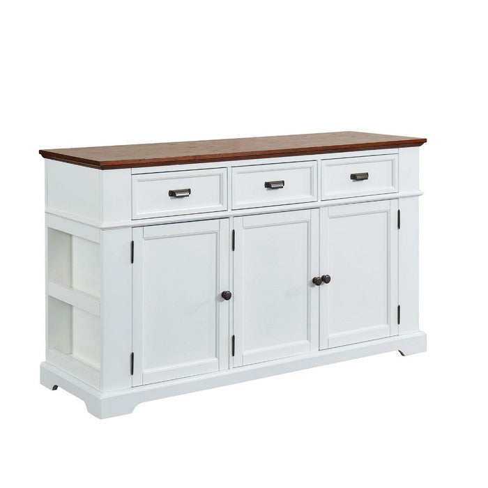 Two Tone Wooden Server with Spacious Storage and Side Rack, White and Brown