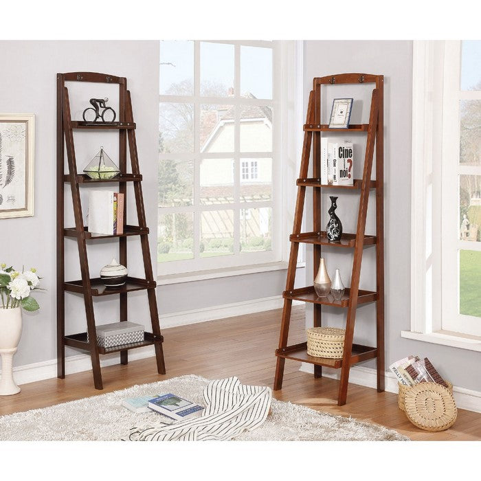 Contemporary Five Tier Wooden Ladder Shelf with Two Attached Hook On Top, Oak Brown