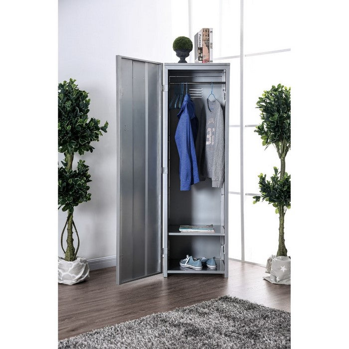 Contemporary Metal Locker Inspired Armoire with Two Shelves and Metal Pulls, Silver