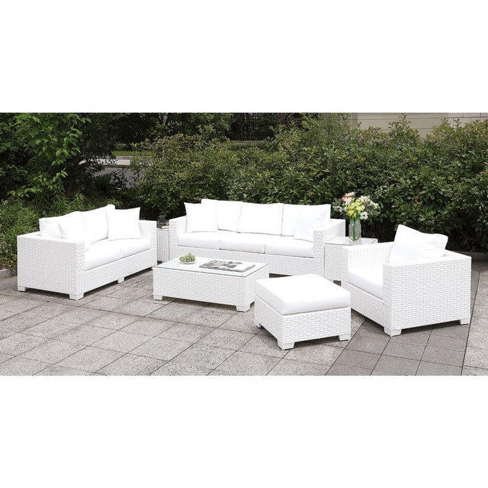 Aluminum Frame Rectangular Coffee Table with Woven Wicker Base and Glass On Top, White
