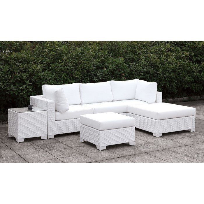 Faux Polyester and Aluminum Square Ottoman with Padded Seat Cushion, White
