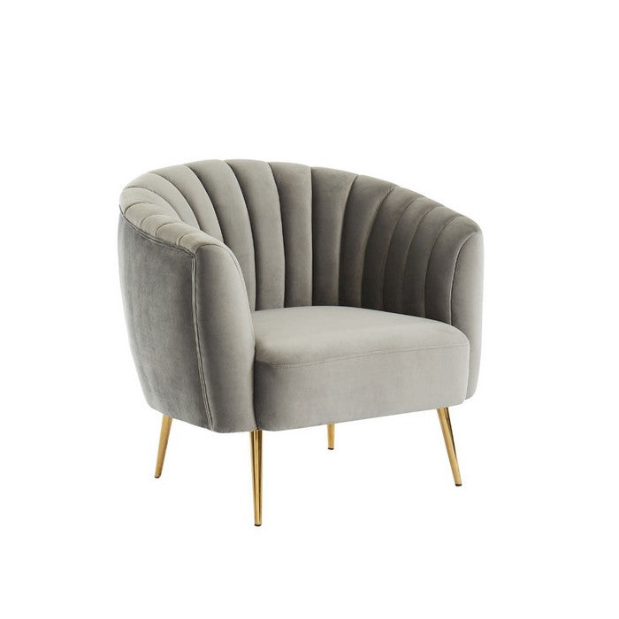 Fabric Upholstered Wooden Chair with Shell Tufting and Metal Splayed Legs, Gray and Gold