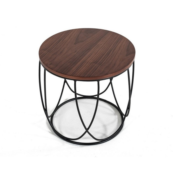 Round Metal End Table with Wooden Table Top, Brown and Black