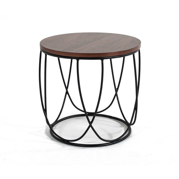 Round Metal End Table with Wooden Table Top, Brown and Black