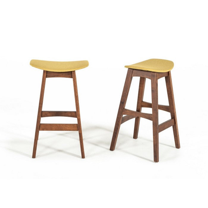 Fabric Upholstered Wooden Bar Stool, Walnut Brown and Yellow , Set of Two