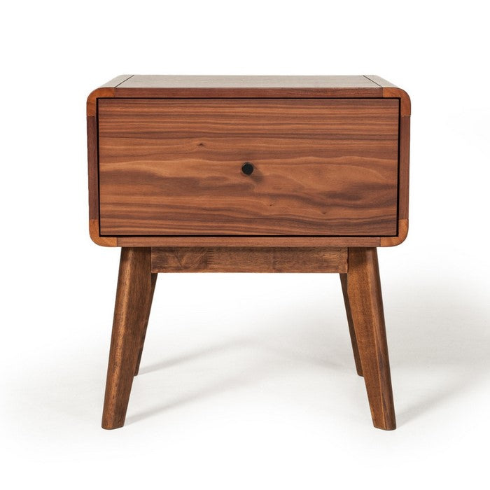 One Drawer Nightstand with Rod-Shaped Pull and Tapered Feet, Walnut Brown