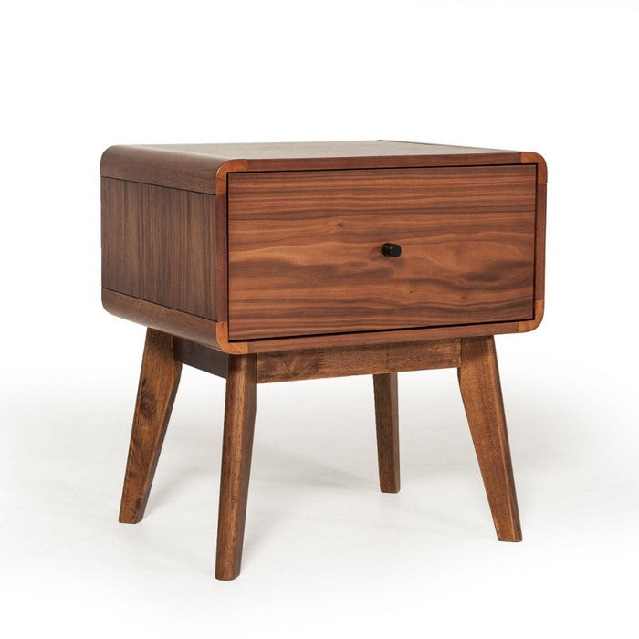 One Drawer Nightstand with Rod-Shaped Pull and Tapered Feet, Walnut Brown
